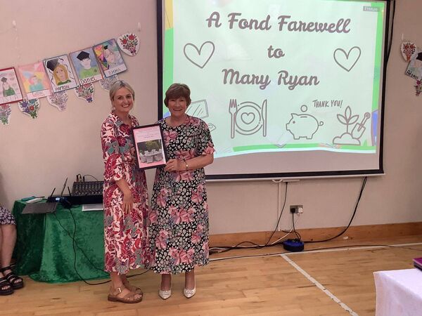 Deputy Principal of Tarmon National School, Lorraine Connolly, makes a presentation to Mary Ryan to mark her retirement from the school on Wednesday. Deputy Principal of Tarmon National School, Lorraine Connolly, makes a presentation to Mary Ryan to mark her retirement from the school on Wednesday.