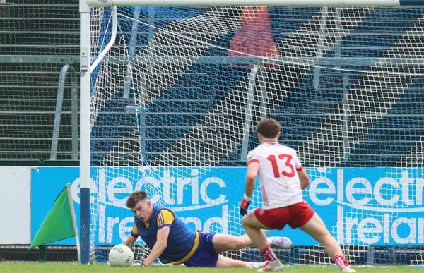 JACK OF ALL TRADES: Stand-in Roscommon goalkeeper Dean Casey saves Joel Kerr's second-half penalty during Sunday's All-Ireland minor football semi-final at Kingspan Breffni. Pictures: INPHO/Leah Scholes