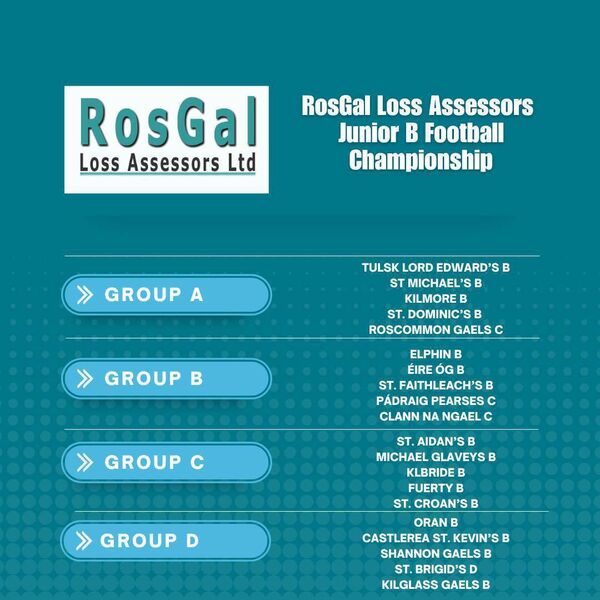 The full draw for the RosGal Loss Assessors Ltd. Junior B Championship. Graphic: Roscommon GAA. The full draw for the RosGal Loss Assessors Ltd. Junior B Championship. Graphic: Roscommon GAA.