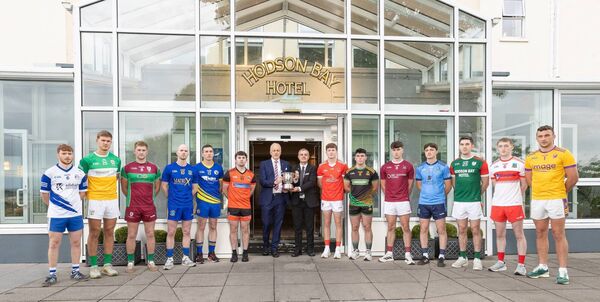 Players from the 13 teams competing in this year's senior football championship alongside Tim Hayes, Managing Director, Hodson Bay Hotel, and Michael Dolan, Banqueting Manager, Hodson Bay Hotel, competition sponsor. Picture: Courtesy of Roscommon GAA 