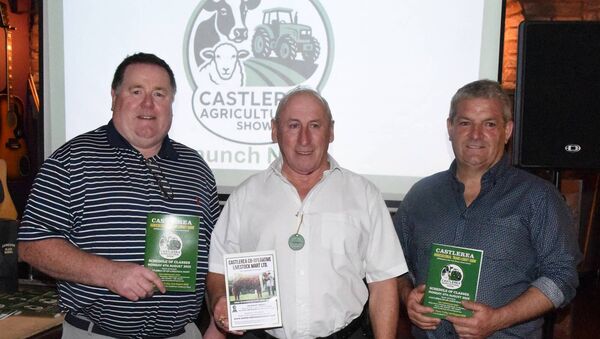 Pat McGourty, John Sharkey, and John Flanagan pictured in McGourty’s Bar at the launch of the programme for the forthcoming Castlerea Agricultural Show. Pic: Breda Durr