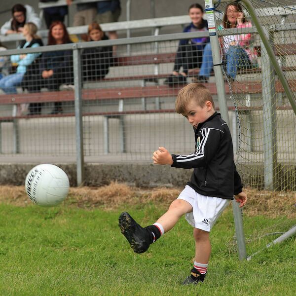 Oisín Flanagan having a kickabout at half time during last Sunday's senior ladies' football championship contest between Éire Óg and Clann na nGael at O'Rourke Park, Castlerea. Picture: Bernie O'Farrell
