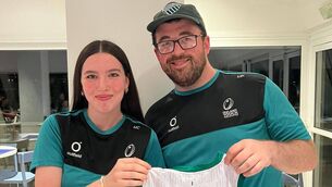 <p>Molly Copelin receives her jersey from Michael Kearney, Ireland Women's Open coach, ahead of her debut for the Ireland Women’s Open team at the European Opens Cup in Calvisano, Italy.</p>
