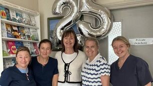 <p>Dr. Geraldine Colleran, with staff, celebrating 25 years at Elphin Medical Centre.</p>