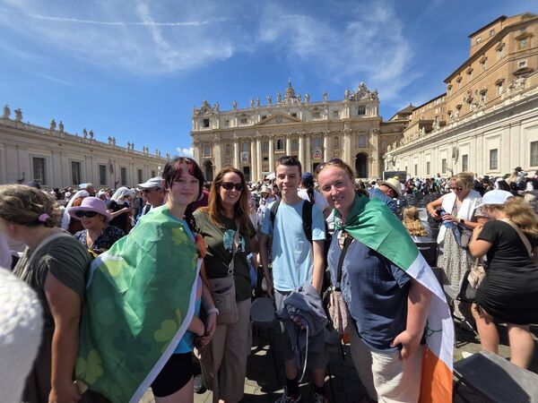 Sisters Patricia and Catherine Canny (pictured second left and far right) with their children Sophie and Eoin in Rome for the canonisation of teenager Carlo Acutis by Pope Leo. Catherine and Patricia are originally from Loughglynn, Co Roscommon. Sisters Patricia and Catherine Canny (pictured second left and far right) with their children Sophie and Eoin in Rome for the canonisation of teenager Carlo Acutis by Pope Leo. Catherine and Patricia are originally from Loughglynn, Co Roscommon.