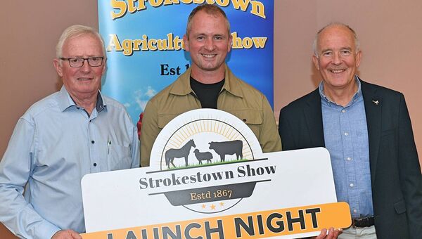 John O’Beirne, chairperson, Strokestown Show; Seamus McTague, Emlagh Lodge Veterinary (sponsor) and Padraig Holmes, vice-chairperson at the launch of the programme for Strokestown Show. Pic: Gerard O’Loughlin