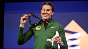 <p>Castlerea's Aoife O'Rourke celebrates with her gold medal in the women's 75kg during the World Boxing Championships 2025 at M&amp;S Bank Arena in Liverpool. Pic: Ben McShane/Sportsfile</p>