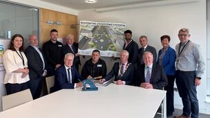 <p>Pictured at the signing were (Front Row Left to Right), Chief Executive Shane Tiernan, Niall Garry, Director of Tower, Plant &amp; Civil Engineering Ltd., Cathaoirleach Liam Callaghan, Director of Services Mark Keaveney (Economic, Planning and Physical Development). Back Row (Left to Right), Rachel Lowe, Senior Engineer, Jonathan Cassidy, Strokestown Town Team, Connor Daly, Tower Plant &amp; Civil Engineering Ltd., Shane Lynskey,, Strokestown Town Team, Eldo Alias, BDP (Designers), Councillor Tom Crosby, Una Ni Chuinn, Town Regeneration Officer, Enda Mulryan, Project Manager</p>