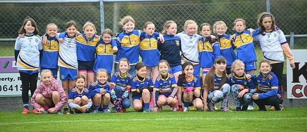 The St. Ciaran's U-8 and U-10 girls' football teams that made light of the bad weather to play in an exhibition game at half time during their club's senior ladies' football championship quarter-final against St. Dominic's in Mulhern Park, Fuerty. Picture: Gerard O'Loughlin