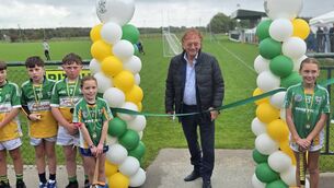 <p>Ballymore CEO Sean Mulryan cutting the ribbon today on the redeveloped pitch at Oran GAA grounds.</p>