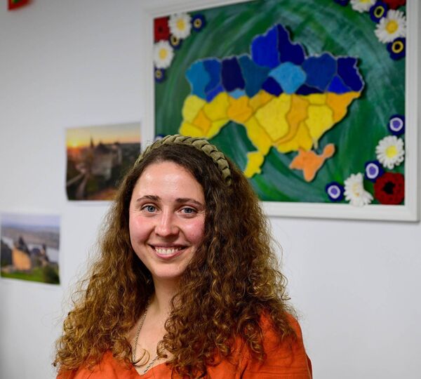 Tetiana is pictured in front of a map of Ukraine which she created and is on display at Castlerea Community Family and Resource Centre. Pic: Breda Durr