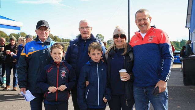 <p>Gerry Ward and Jerry Nerney alongside Shane, Ryan, Orlagh and Tom Cunniffe at Sunday afternoon's senior football championship quarter-final between Boyle and Pádraig Pearses in Enfield. Picture: Bernie O'Farrell</p>