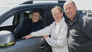 <p>Tom Mulry from Four Roads, who was 100 years  young yesterday. He is pictured here with his daughter-in-law Angela and son Mark at the Irish National Sheepdog Trials in Brideswell in August. Pics: Gerard O’Loughlin</p>