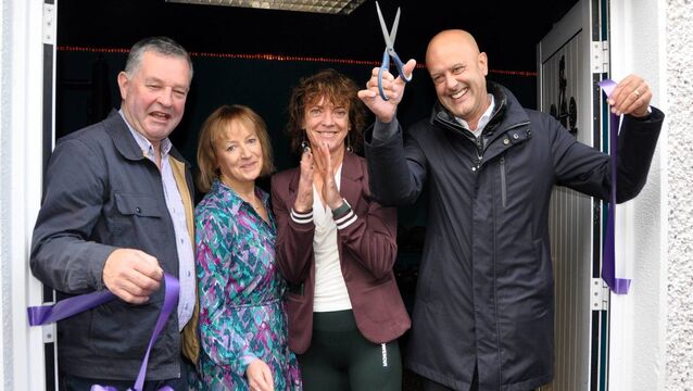 <p>Deputy Martin Daly cuts the tape officially opening EmpowerFit in Ballinlough. Also pictured are Cllr Paschal Fitzmaurice, Yvonne Ryan, chairperson of Enterprise Kiltullagh and gym owner Olivia Prendergast. Pic: Liam Reynolds</p>