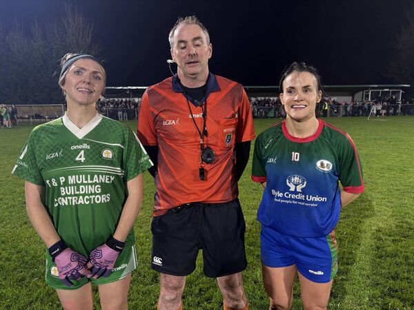 Kilbride captain, Máire Lohan, with her St. Michael's/St. Ronan's counterpart, Danielle Gannon, and referee JJ Leonard before the recent Roscommon LGFA Junior B final in Kilbride. Kilbride captain, Máire Lohan, with her St. Michael's/St. Ronan's counterpart, Danielle Gannon, and referee JJ Leonard before the recent Roscommon LGFA Junior B final in Kilbride.