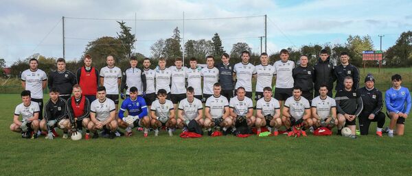 GUNNING FOR GLORY: The Éire Óg intermediate football panel, pictured here before their semi-final success against St. Michael's in Enfield, that will be trying to end a 32-year wait for adult silverware at intermediate level when they face Strokestown in Kiltoom on Sunday next. Picture: Éire Óg GAA Club