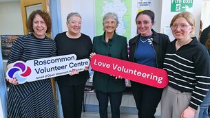 <p>Áine Egan, Angela Gavigan, Eileen Stephens, Katie Kelly, staff at Roscommon Volunteer Centre with Catherine Connolly during her visit to Roscommon Town today. Pic: Gerard O'Loughlin</p>