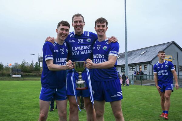 St. Croan's players, Eoin Collins, Brian Mullin and Kevin Lambert, celebrate their side's Junior A football final triumph against Ballinameen on Saturday last. Picture: Bernie O'Farrell St. Croan's players, Eoin Collins, Brian Mullin and Kevin Lambert, celebrate their side's Junior A football final triumph against Ballinameen on Saturday last. Picture: Bernie O'Farrell
