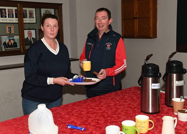 AH GO ON: Trish Bergin providing refreshments for Pádraig Pearses senior football manager, Frank Canning, at the club's press night in Woodmount. Picture: Gerard O'Loughlin AH GO ON: Trish Bergin providing refreshments for Pádraig Pearses senior football manager, Frank Canning, at the club's press night in Woodmount. Picture: Gerard O'Loughlin