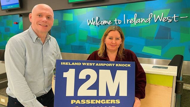 <p>Donal Healy, head of marketing, Ireland West Airport and Alison Lynch, Ryanair’s 12 millionth passenger at Ireland West Airport.</p>