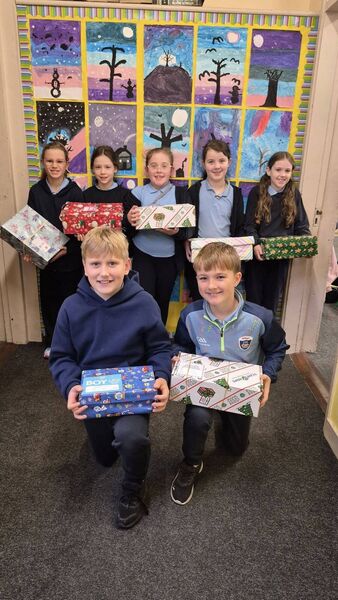 Pupils from Abbeycartron NS, Elphin with some of the shoeboxes collected for the Team Hope Christmas Shoebox appeal. 