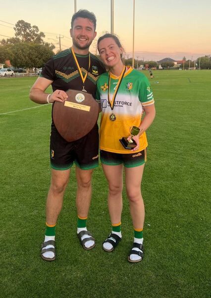 Liam Cregg (Michael Glaveys) and Emma O’Beirne (Shannon Gaels) enjoying some success with St. Finbarr’s, Perth, in Australia.