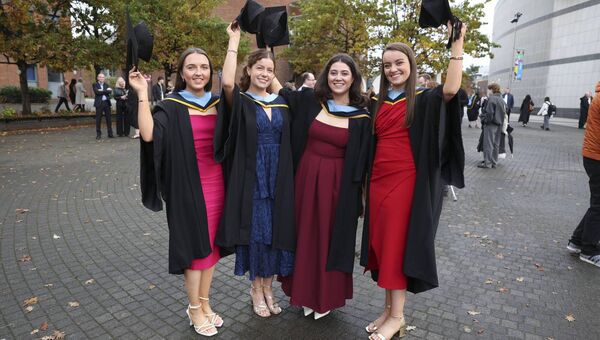 Laura Martin, Cootehall,Boyle; Alannah Cooke, Thurles; Amy O’Neill, Keadue, and Sarah Doyle, Bree, Wexford who received Bachelors of Education during the October graduation celebrations in DCU. Pic: Kyran O’Brien/DCU Communications Events and Marketing Team 