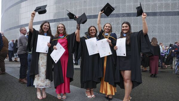 Ciara Connolly, Beltra,Sligo; Emma Sherlock, Ballisodare, Sligo; Aoife Mescal, Maynooth; Erin Taheny, Collooney, Sligo and Megan Tynan, Strokestown who received Bachelors of Education during the October graduation celebrations in DCU. Pic: Kyran O’Brien/DCU Communications Events and Marketing Team
