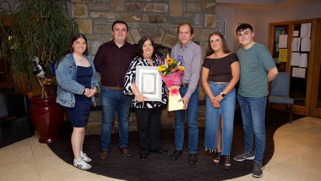 <p>Ann Gormley, Elphin pictured with her family at her retirement party - Emma, Cathal, Ann, Tommy, Rachel, and Shane. </p>