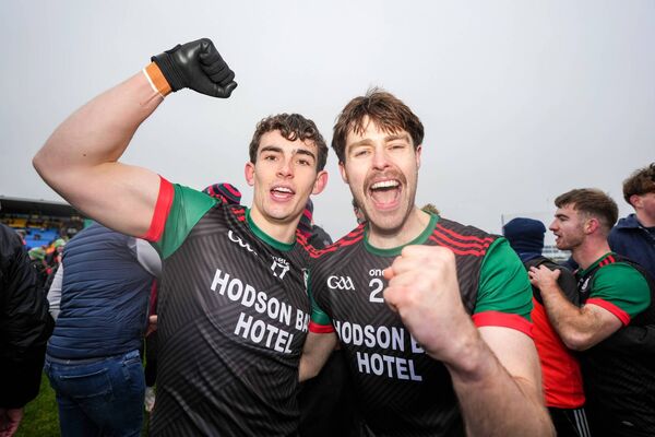 Eoghan Derwin and Brian O’Hara-Duggan celebrate St. Brigid's two-point victory against Maigh Cuilinn at King and Moffatt Dr. Hyde Park on Sunday last. Picture: INPHO/James Lawlor Eoghan Derwin and Brian O’Hara-Duggan celebrate St. Brigid's two-point victory against Maigh Cuilinn at King and Moffatt Dr. Hyde Park on Sunday last. Picture: INPHO/James Lawlor