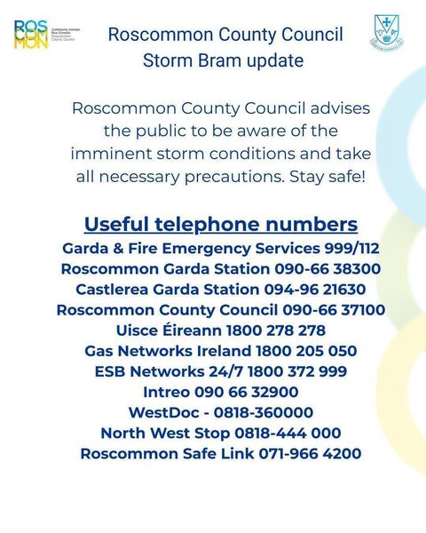 Emergency numbers during Storm Bram. Emergency numbers during Storm Bram.