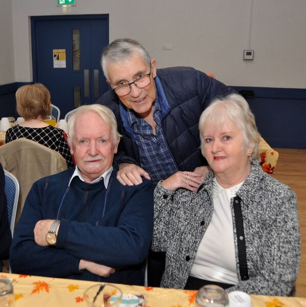 Tina and Sean Flanagan, and Tom Donnellan at a harvest party for senior citizens in Kilmurry Hall. Pic: Liam Reynolds Tina and Sean Flanagan, and Tom Donnellan at a harvest party for senior citizens in Kilmurry Hall. Pic: Liam Reynolds