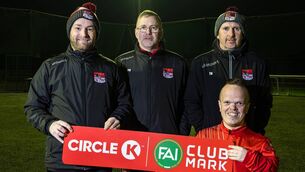 <p>Treasurer David O’Brien, Coach Padraig Noone, First Team Manager Tommy Naughton and Secretary Mark Mulligan of Monksland United FC pictured at the club's grounds. Monksland United FC has been announced as the November winners of Circle K’s new grassroots initiative.</p>
