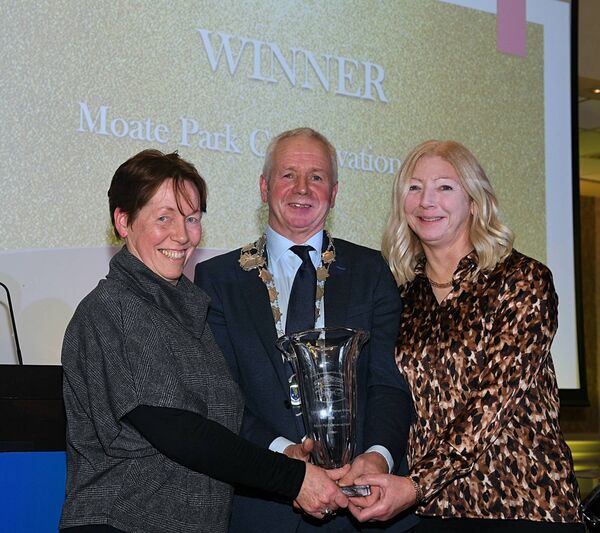 Eilish Feeley and Linda Kelly, accept the Environment-Change Maker award on behalf of the Mote Park Conservation Group from Cathaoirleach of Roscommon County Council Liam Callaghan. Pic: Gerard O'Loughlin