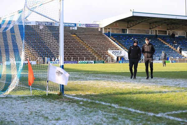 Referee Brendan Cawley and linesman Paul Faloon inspect the goalmouth at Kingspan Breffni ahead of Sunday's All-Ireland club senior football semi-final between St. Brigid's and Scotstown. Picture: Bernie O'Farrell 