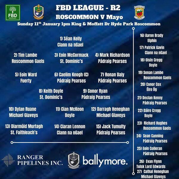 The Roscommon senior football panel for Sunday's FBD Connacht Senior Football League game against Mayo at King and Moffatt Dr. Hyde Park. Graphic: Roscommon GAA The Roscommon senior football panel for Sunday's FBD Connacht Senior Football League game against Mayo at King and Moffatt Dr. Hyde Park. Graphic: Roscommon GAA
