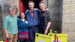 <p>Laura Hidalgo and Bevan Dequeker pictured with Boyle’s own Chris O’Dowd (centre) and film maker Jim McMorrow (extreme right) at a special screening of Jim’s work, organised by the Boyle Film club, held during last year’s Boyle Arts Festival.</p>
