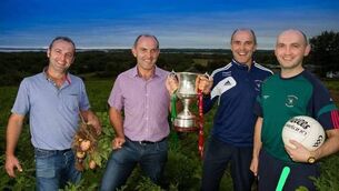 <p>LUCRATIVE CROP: Colm, Tom, Brian and Johnny Lennon in the Spud Fields of Kiltoom with the Andy Merrigan Cup in 2013. Picture: Brendan Hynes</p>