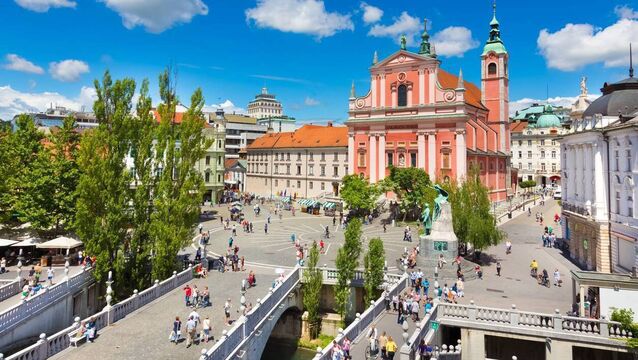 <p>A view of Ljubljana city centre - the Triple Bridge - Tromostovje, Preseren Square and Franciscan Church of the Annunciation, Ljubljana. Pic: iStock</p>
