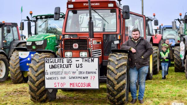 <p>Young Castlerea farmer Owen Hester was just one of thousands of people to make the journey to Athlone for the Mercosur deal protest. The 26-year-old farming contractor warns that the trade deal will decimate rural Ireland. Pic: Swarber photography </p>