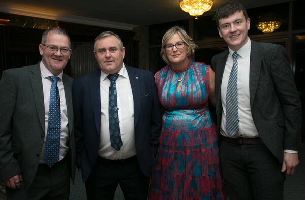 Vernon Keaveny, Declan Walsh, Roscommon LGFA chairperson, Agnes Dowd and Stephen Carty at the St. Michael's/St. Ronan's LGFA dinner dance in Kilronan Castle. Pic: Michelle Hughes Walsh