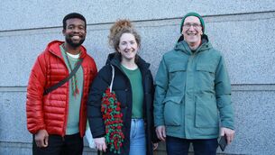 <p>Fidel Benson with Áine and Harry Mooney getting behind St. Brigid's ahead of their All-Ireland final against Daingean Uí Chúis in Croke Park on Sunday last. Picture: Bernie O'Farrell</p>