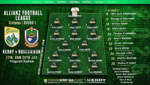 The Kerry senior football panel to play Roscommon in the opening round of the National Football League at Fitzgerald Stadium. Graphic: Kerry GAA The Kerry senior football panel to play Roscommon in the opening round of the National Football League at Fitzgerald Stadium. Graphic: Kerry GAA