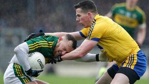 <p>Former Roscommon defender Seán McDermott tackles Kerry's Barry John Keane during the Rossies 0-14 to 1-10 league victory against the Kingdom at Fitzgerald Stadium, Killarney, in 2016. Picture: INPHO/Morgan Treacy</p>