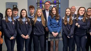 <p>Students from Coláiste Chiaráin who are looking forward to traveling to the United States this coming March as part of an international performing arts and cultural exchange with La Salle High School, Providence, Rhode Island. Picture also includes principal Brendan Waldron, music teacher, Ms Lucy Nally, Cllr Aengus O’Rourke (chairperson of the twinning committee) and John Henson (secretary of the twinning committee). </p>