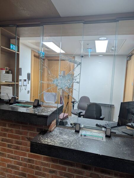 Damage to the window and reception area at Athlone Garda Station.