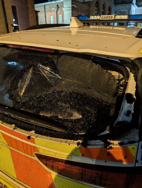 The windscreen of a Garda patrol car smashed.
