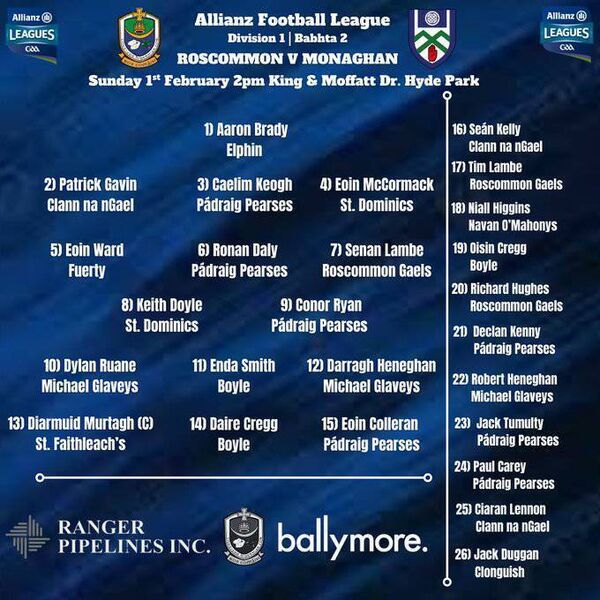 The Roscommon match-day 26 for Sunday's Division One Football League game against Monaghan at King and Moffatt Dr. Hyde Park. Graphic: Roscommon GAA