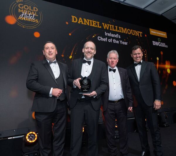 Kilronan Castle Estate &amp; Spa was awarded two  Gold Medal Awards at the Gold Medal Hotel Awards. Pictured are national account manager at BWG Foodservice, Slyvester Barrett; executive chef, Daniel Willimont; Hanly Castle Hotels CEO, Alan Hanly, and Gold Medal Awards MC Anton Savage.