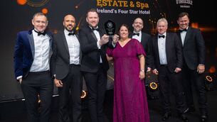 <p>Kilronan Castle Estate & Spa was awarded two Gold Medal Awards at the Gold Medal Hotel Awards, hosted at the Galmont Hotel, Galway. Pictured are (l-r): co-founder, COO at Sullivans Brewing Company, Dan Smithwick; deputy general manager, Mohammed Aly; general manager, Andrew McGovern; business development manager, Monica Feeney; executive chef, Daniel Willimont; Hanly Castle Hotels CEO, Alan Hanly and gold medal awards MC, Anton Savage.</p> <p>Kilronan Castle Estate & Spa was awarded two Gold Medal Awards at the Gold Medal Hotel Awards, hosted at the Galmont Hotel, Galway. Pictured are (l-r): co-founder, COO at Sullivans Brewing Company, Dan Smithwick; deputy general manager, Mohammed Aly; general manager, Andrew McGovern; business development manager, Monica Feeney; executive chef, Daniel Willimont; Hanly Castle Hotels CEO, Alan Hanly and gold medal awards MC, Anton Savage.</p>